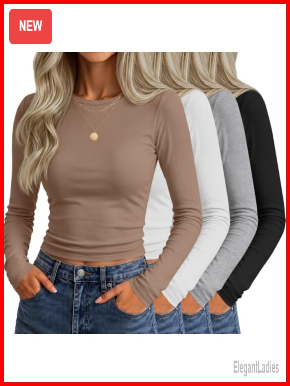 Women's Long Sleeve Crop Tops Slim Fit Fitted T-Shirts Crew Neck 4 Pack